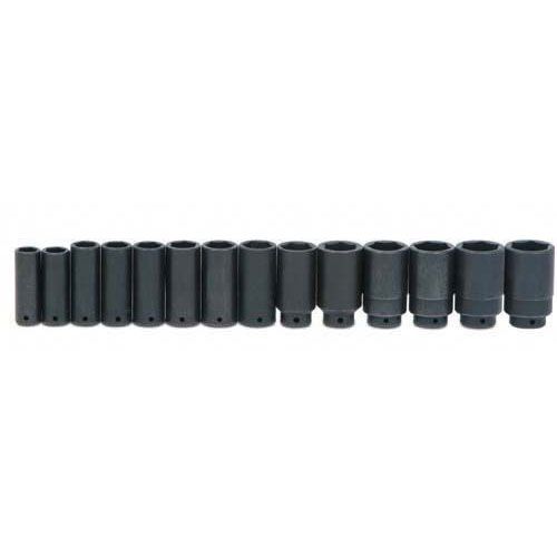 14 pc 1/2" Drive 6-Point SAE Deep Impact Socket Set on Rail and