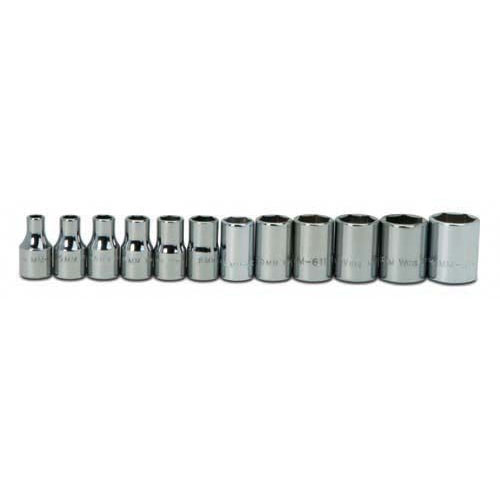 12 pc 1/4" Drive 6-Point Metric Shallow Socket Set on Rail and C