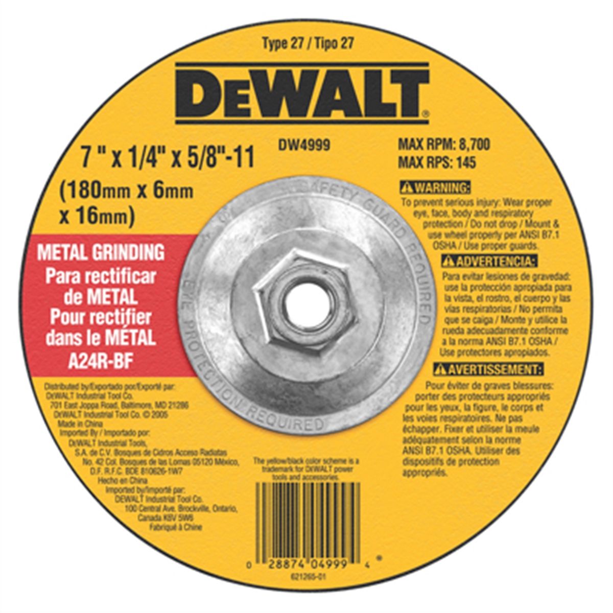 Gen Purpose Metal Wheel - 7 x 1/4 x 5/8-11 In