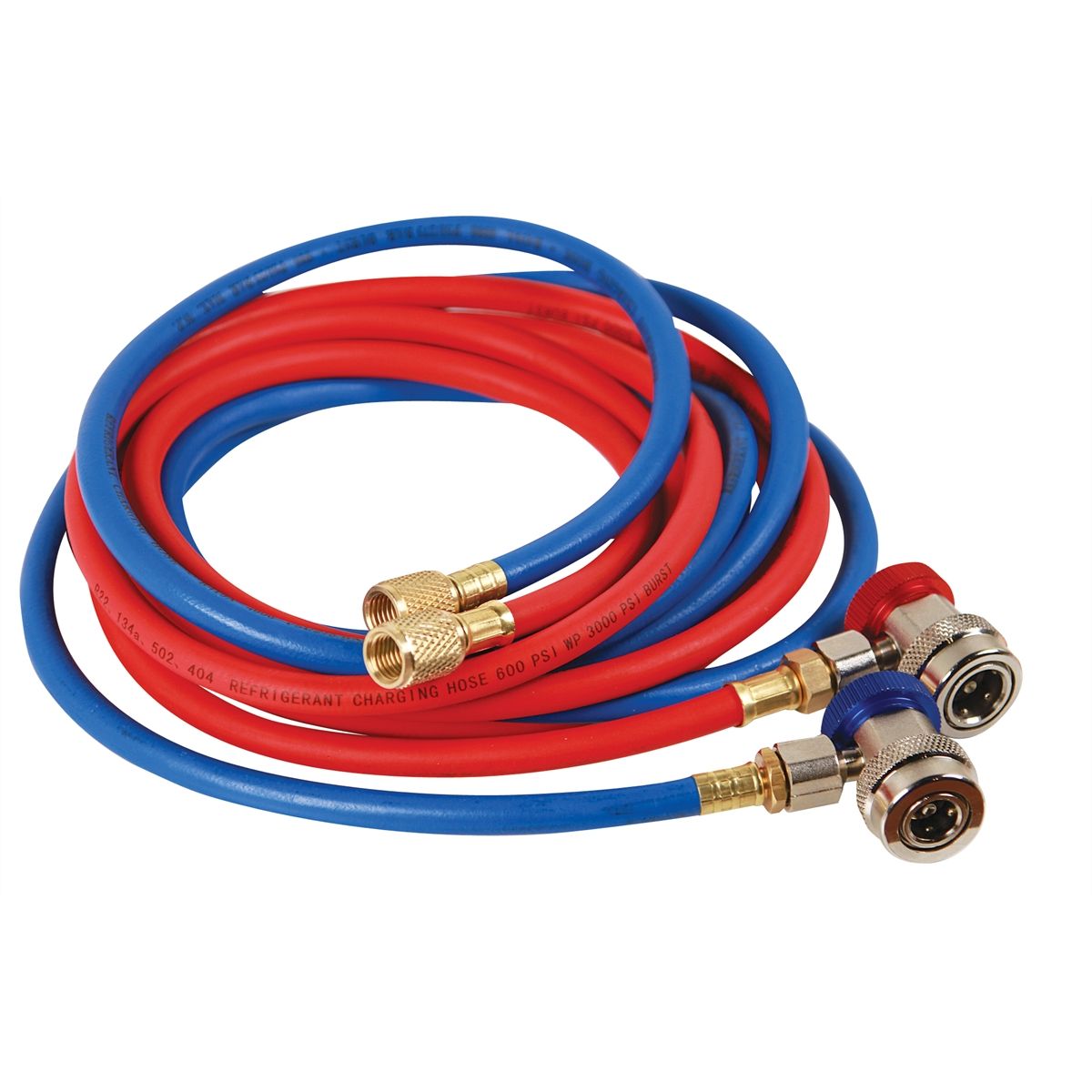 R134a Charging Hose Set w Manual Couplers 10 Ft Red & Blue