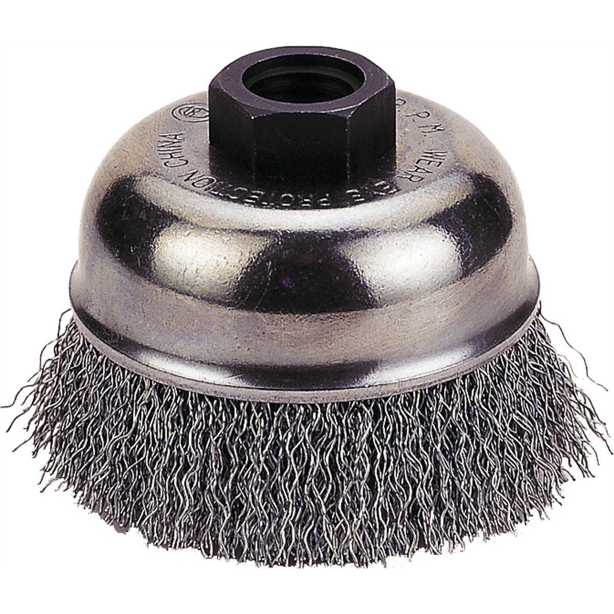 Crimp-Type Wire Cup Brush, 4" Diameter 5/8"-11 NC Threaded Arbor