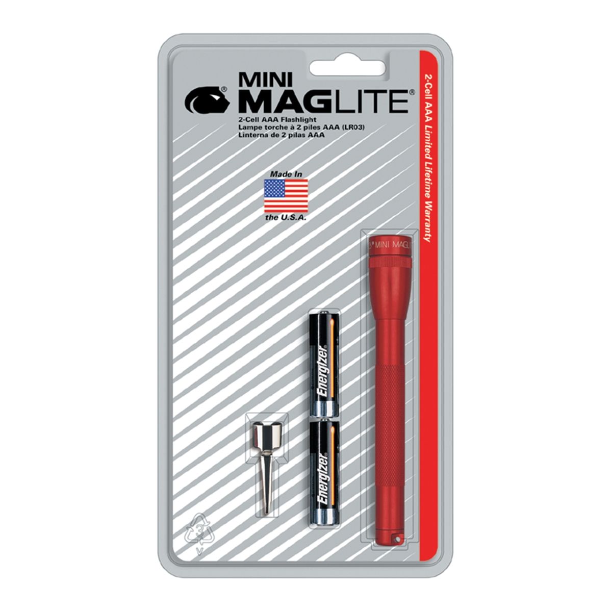 Mini Maglite Flashlight w Belt Clip, 2 AAA Batteries Red