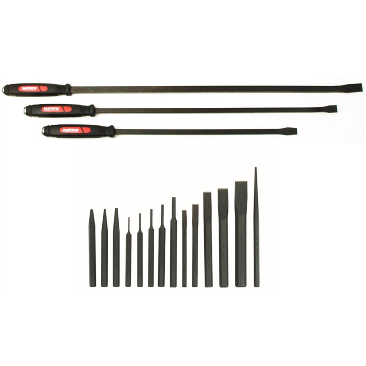 3PC DOM. PRY BAR SET + FREE 14PC PUNCH/CHISEL SET