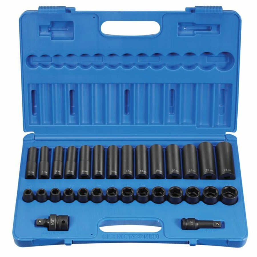 1/2 In 6 Pt Drive Standard & Deep Metric Impact Socket Set - 30-