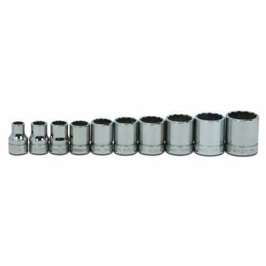10 pc 3/8" Drive 12-Point SAE Shallow Socket Set on Rail and Cli