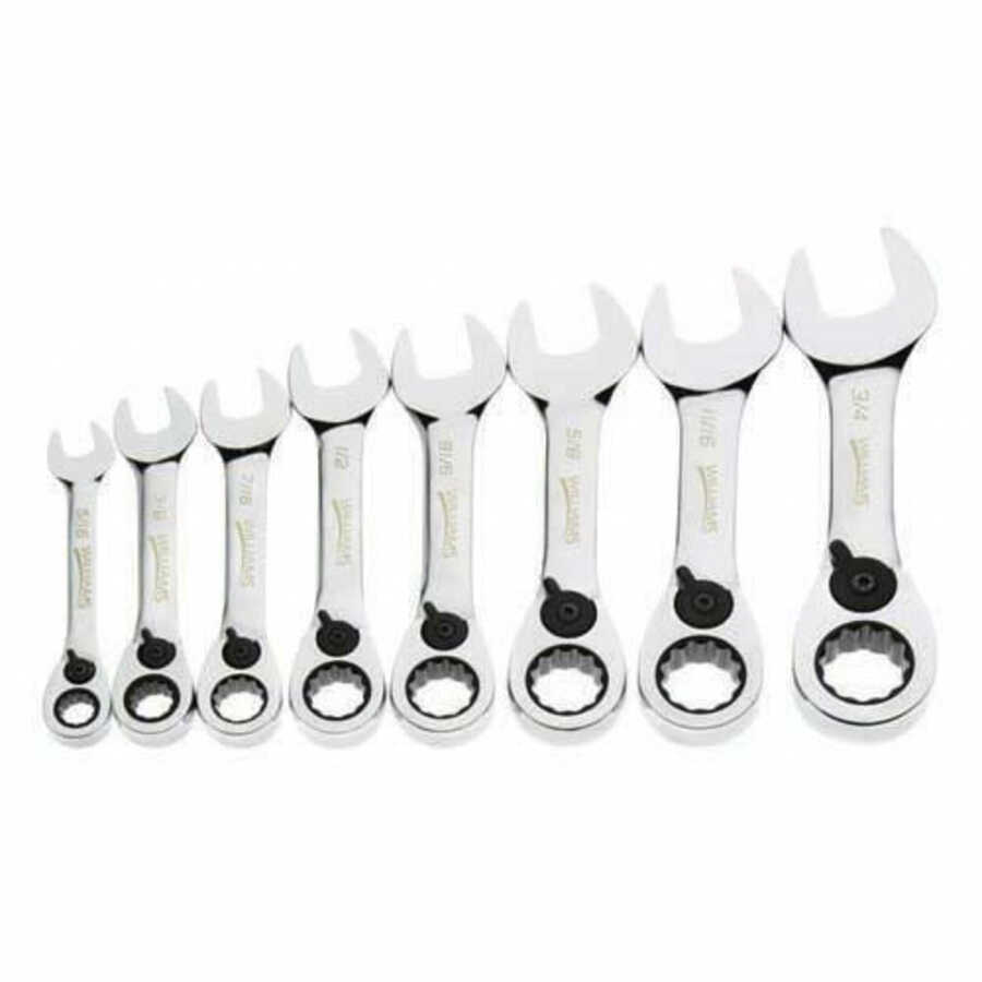 8 pc SAE Stubby Reversible Ratcheting Combination Wrench Set