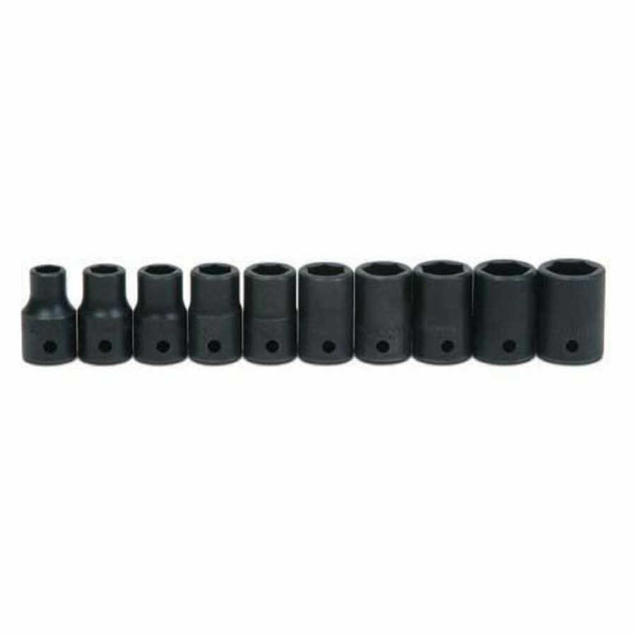 10 pc 1/2" Drive 6-Point Metric Shallow Socket Set on Rail and C