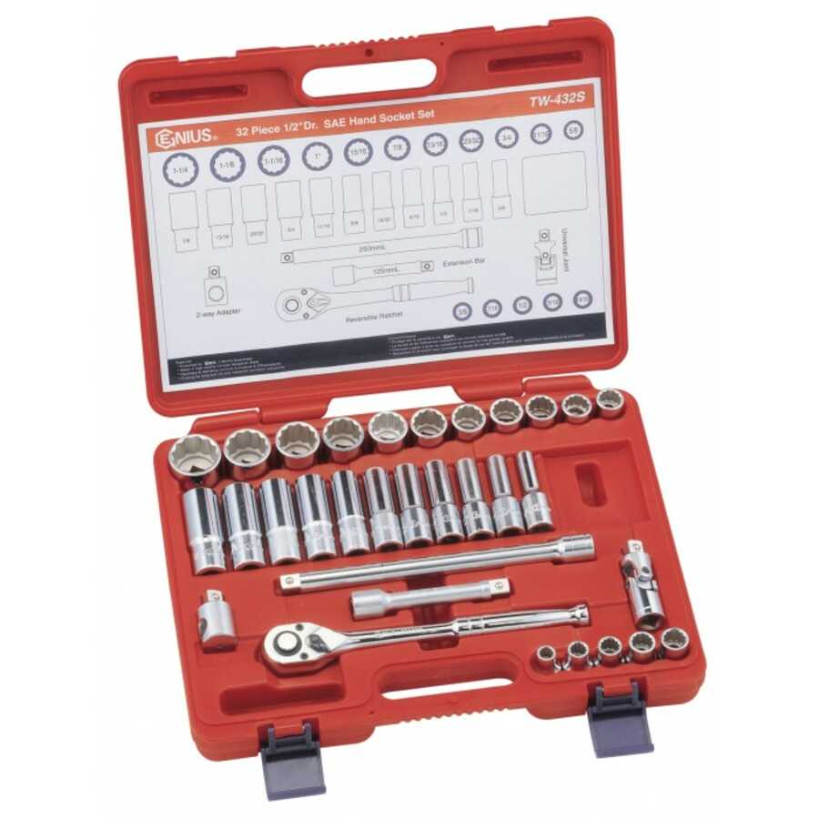 1/2 Inch Drive 12 Pt Fractional SAE Master Hand Socket Set 32 Pc