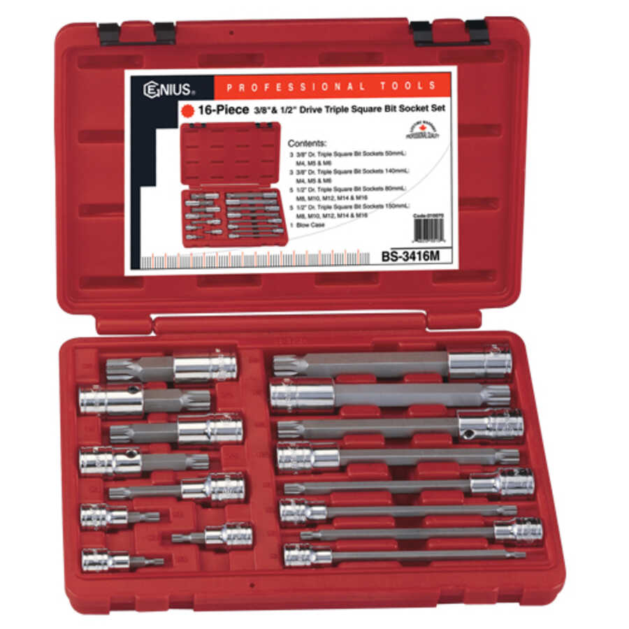 16PC 3/8 & 1/2" Dr. Triple Square Bit Socket Set