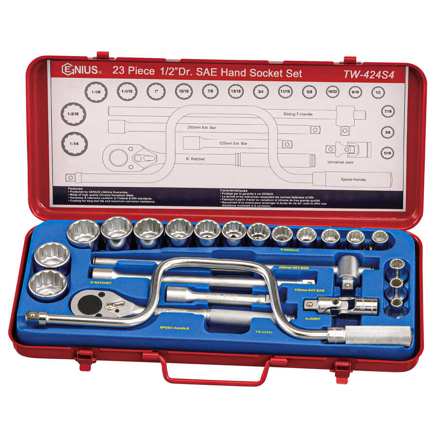 23PC 1/2" Dr. 12-pt SAE Hand socket set