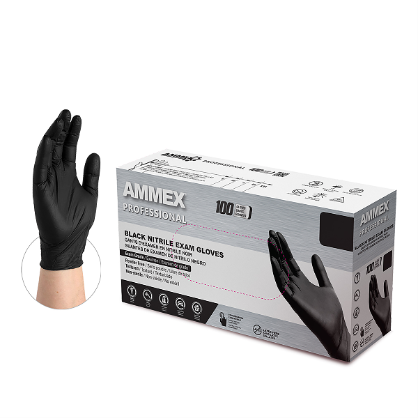 AMMEX Black Nitrile PF Exam Gloves, Small