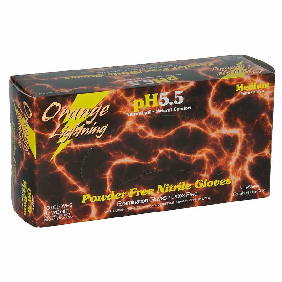 Orange Lightning Powder Free Nitrile Gloves 100/Box Medium
