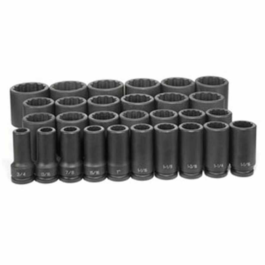 3/4 In Dr Deep Fractional 12 Pt Impact Socket Set - 29-Pc