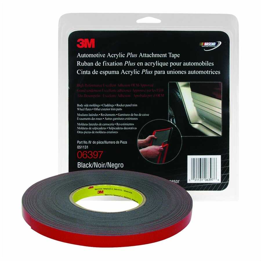 Automotive Acrylic Plus Attachment Tape, Black, 1/2 Inch X 10 Ya