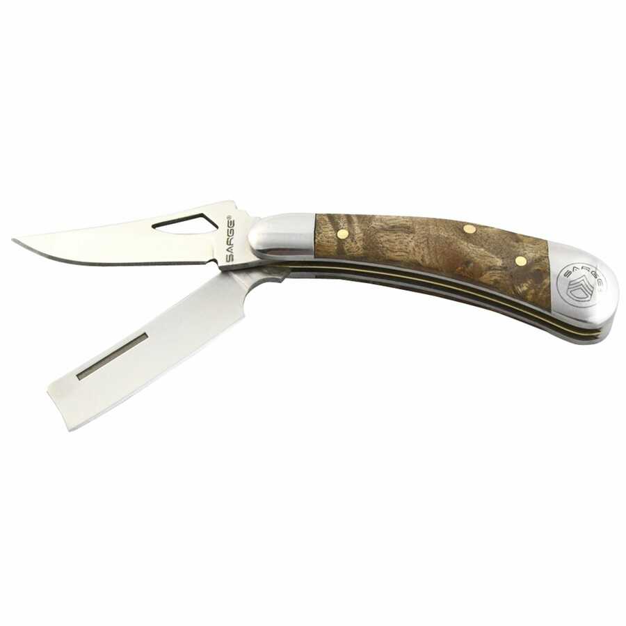 3 Inch 2 Bladed Folding Knife w/ Burl Wood Handle