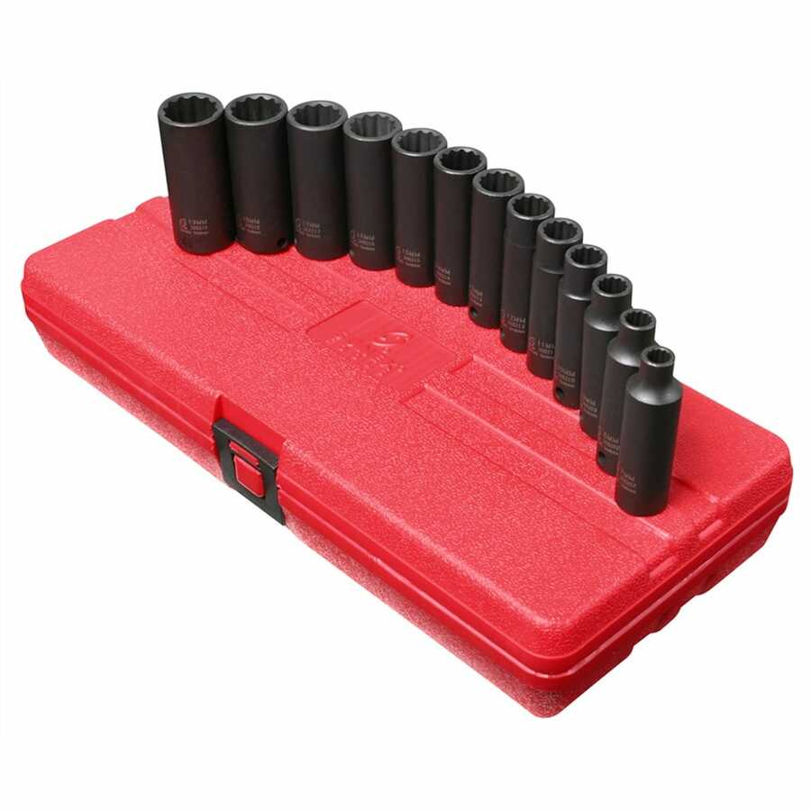 3/8 In Dr 12-Pt Deep Metric Impact Socket Set - 13-Pc