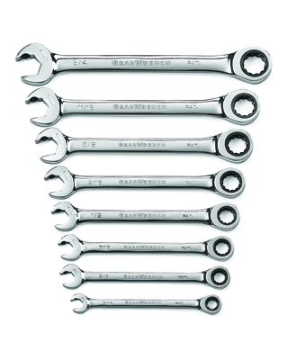 Fractional SAE Open End Ratcheting Combo Wrench Set 8 Pc
