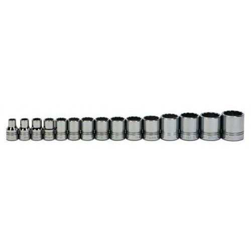 15 pc 1/2" Drive 12-Point SAE Shallow Socket Set on Rail and Cli