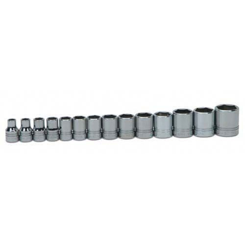 14 pc 1/2" Drive 6-Point SAE Shallow Socket Set on Rail and Clip