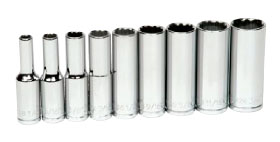 9 Piece 3/8" Drive Deep 12 Point SAE Socket Set on Clip Rail