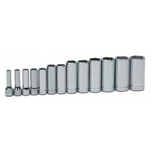13 pc 3/8" Drive 6-Point SAE Deep Socket Set on Rail and Clips