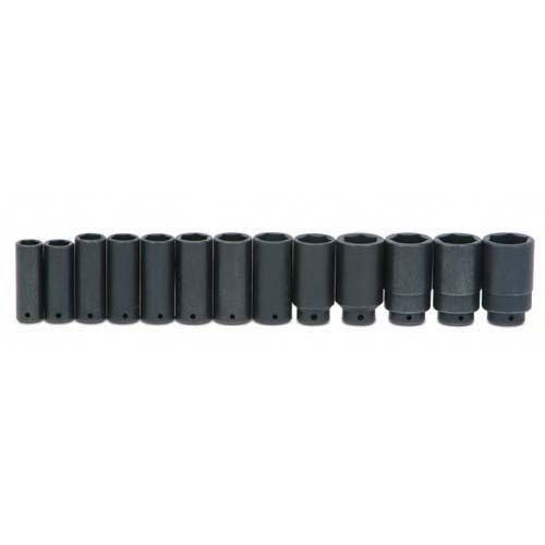 19 pc 1/2" Drive 6-Point SAE Deep Impact Socket Set on Rail and