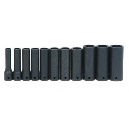 11 pc 1/2" Drive 6-Point SAE Deep Impact Socket Set on Rail and