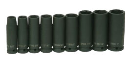 9 Piece 1/2" Drive SAE Deep 6 Point Impact Socket Set on Clip Ra