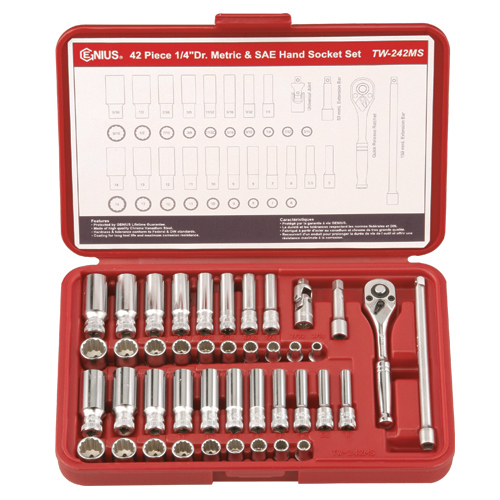 42 Pc 1/4" Drive Metric & SAE Hand Socket Set 12 Pt