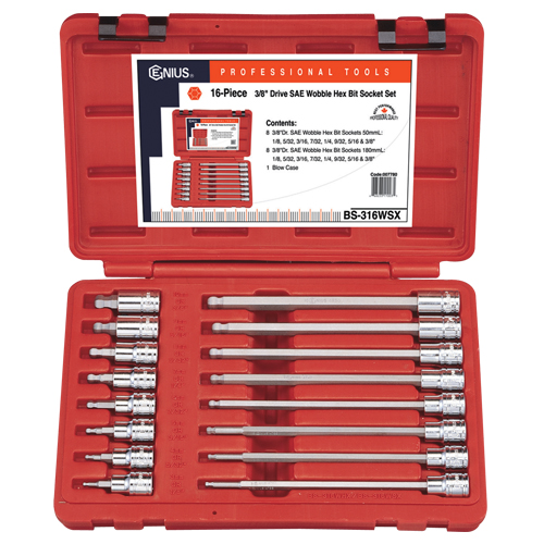 16PC 3/8" Dr. SAE Long Wobble Hex Bit Socket Set