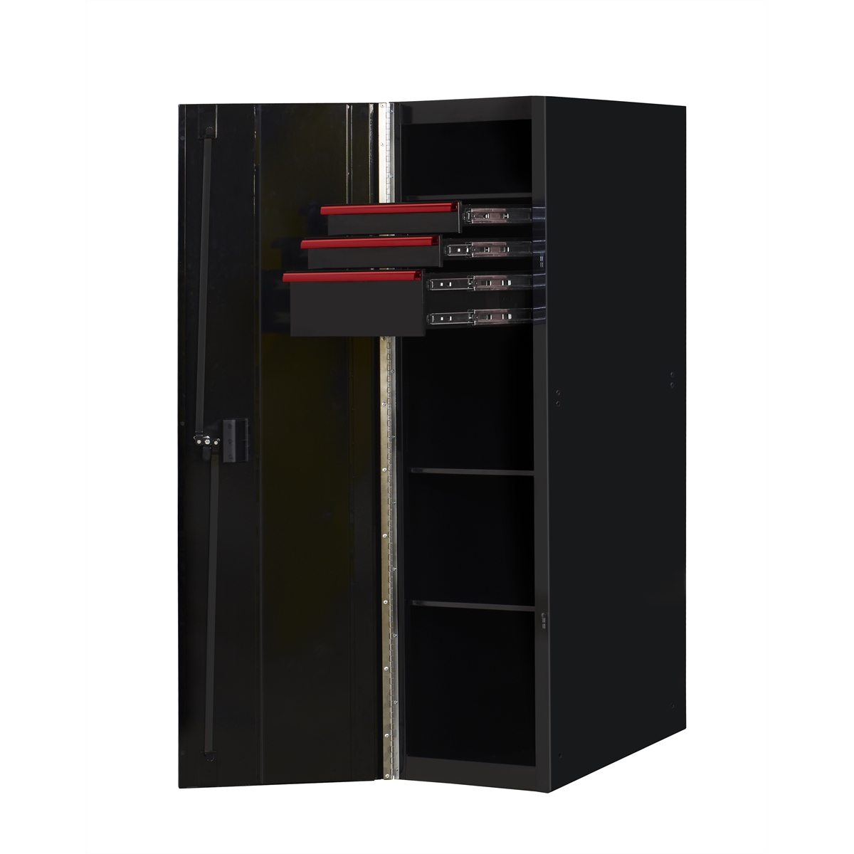 19in 3-Drawer, 2-Shelf Side Locker, Black-Red Hndl