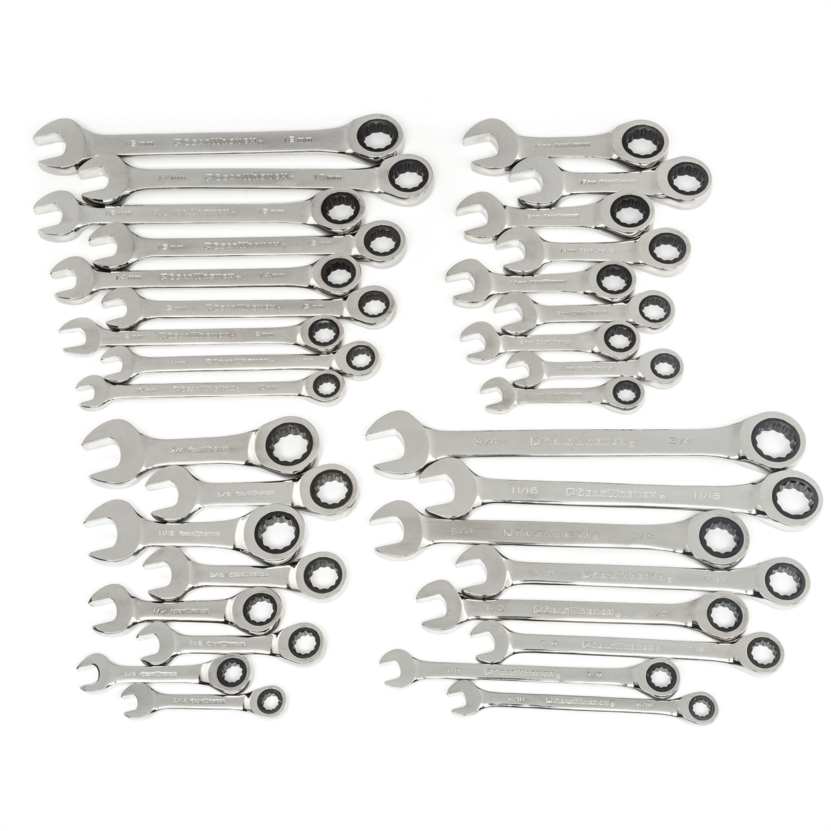 34 Pc. 12 Point Standard & Stubby Ratcheting Combination SAE/Met