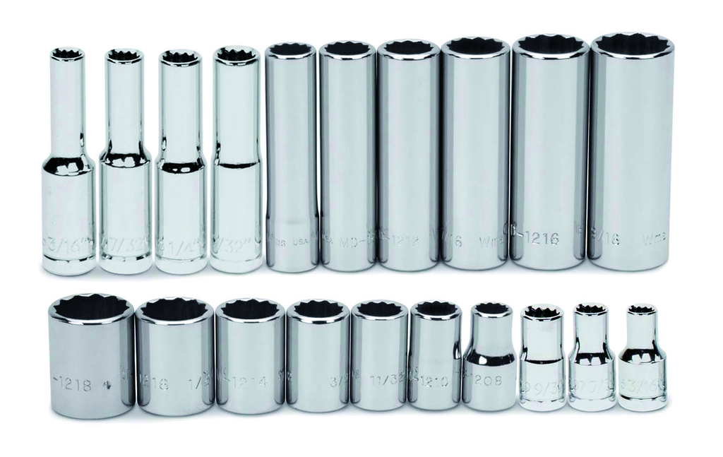 25 pc 1/4" Drive 12-Point SAE Deep Socket Set on Rail and Clips