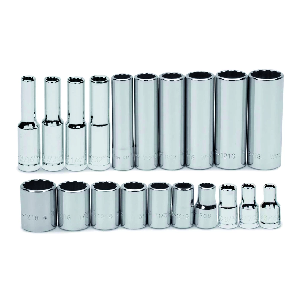 (image for) 25 pc 1/4" Drive 12-Point SAE Deep Socket Set on Rail and Clips