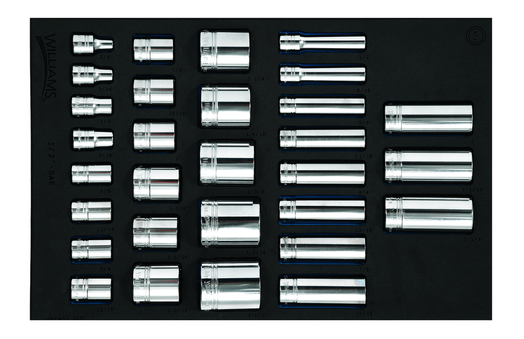 30 pc 1/2" Drive 12-Point SAE Shallow & Deep Socket Set in 1/3 F