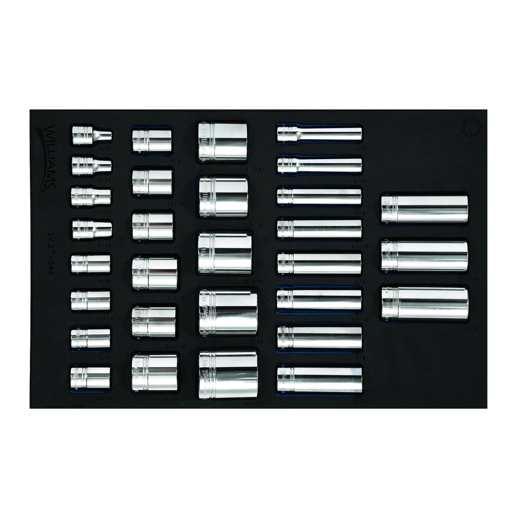 30 pc 1/2" Drive 12-Point SAE Shallow & Deep Socket Set in 1/3 F