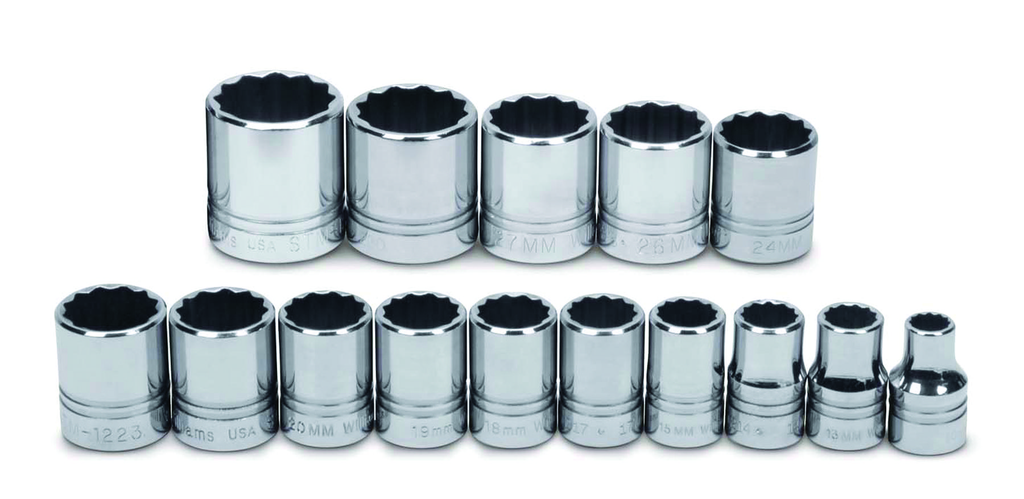 15 pc 1/2" Drive 12-Point Metric Shallow Socket Set on Rail and