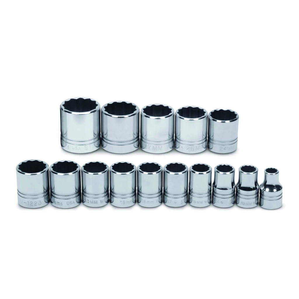 15 pc 1/2" Drive 12-Point Metric Shallow Socket Set on Rail and