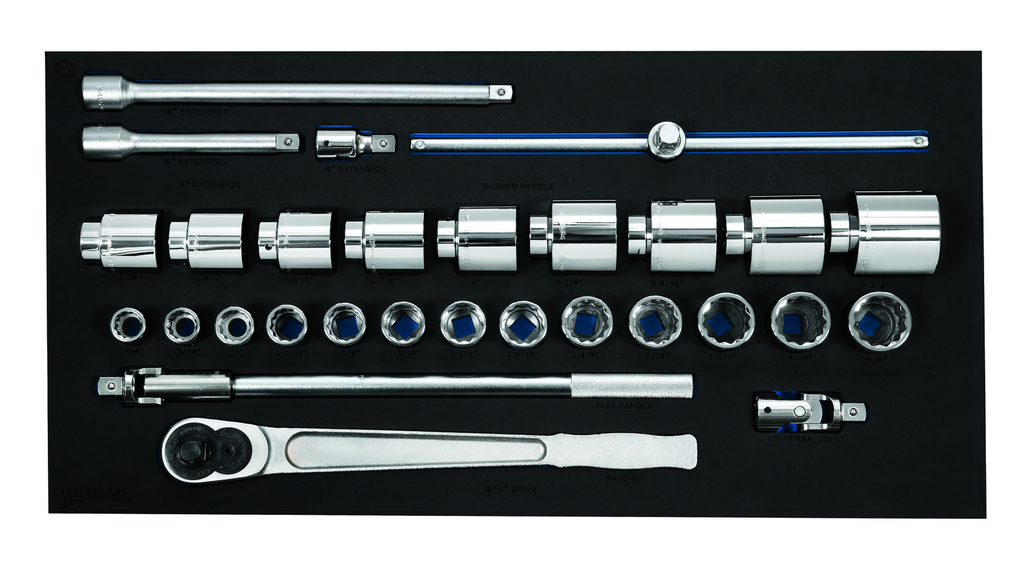 29 pc 3/4 Drive 12-Point SAE Socket and Drive Tool Set in 3/3 Fo
