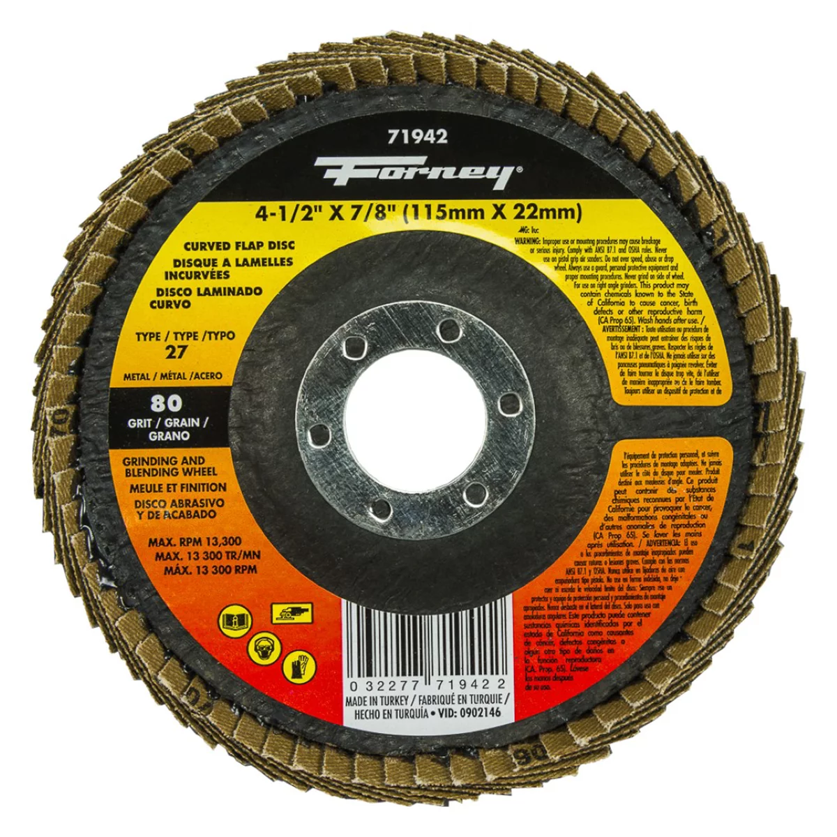Forney Industries Curved Edge Flap Disc, 4-1/2 in x 7/8 in, 80 G