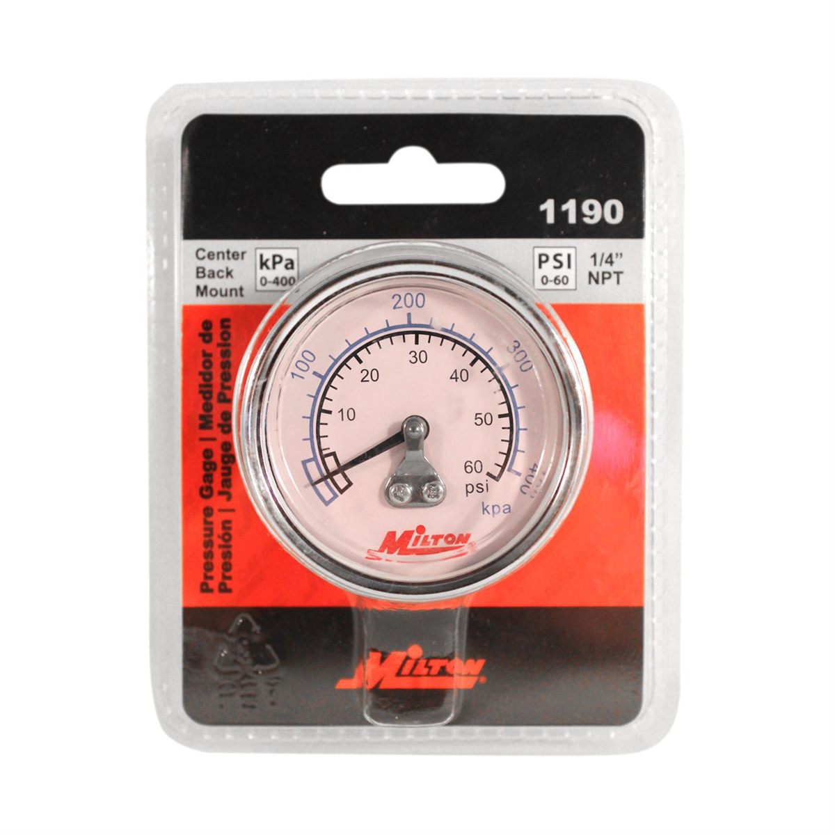 Milton 1/4" NPT Pressure Gauge 0-60 PSI Center Back