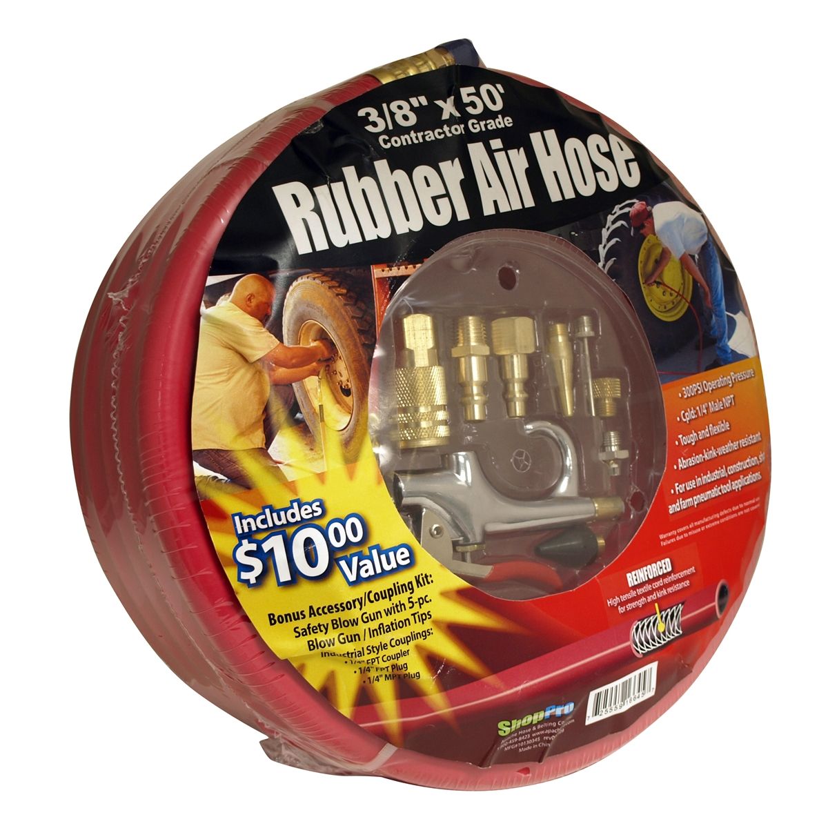 3/8" x 50' 300PSI Red Rubber Air Hose w/ 9 PC Kit