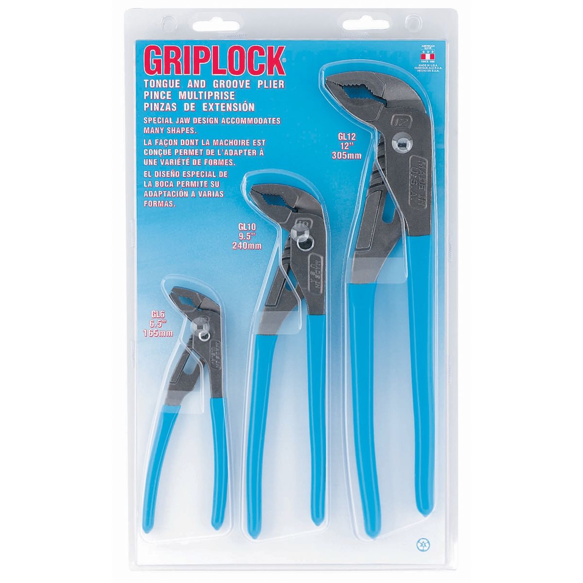 CHANNELLOCK 3PC TONGUE & GROOVE PLIERS SET  #GS-3 MADE IN THE USA 