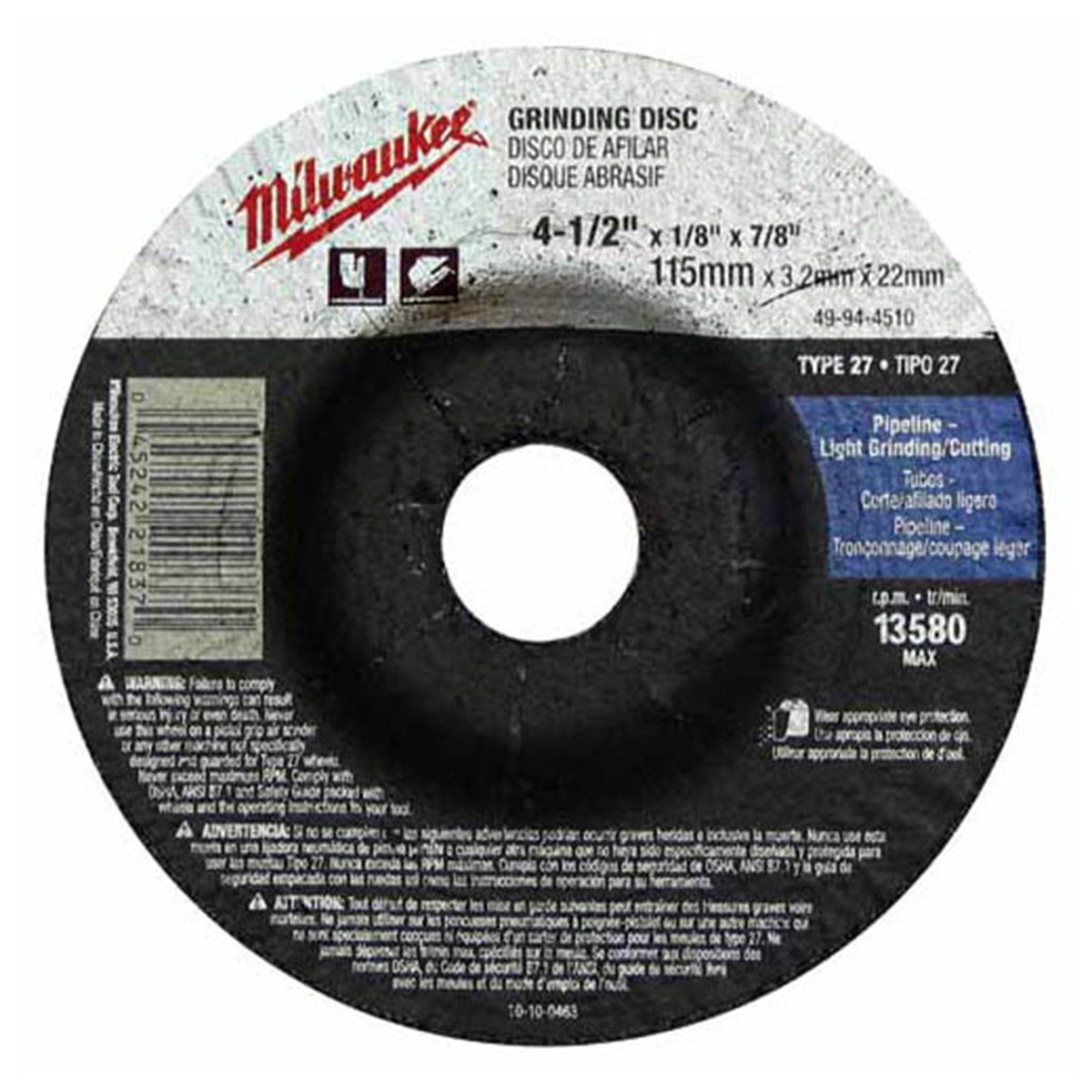 10-PK OF 5"X1/4"X7/8" TYPE 27 GRINDING WHEEL (C24T)