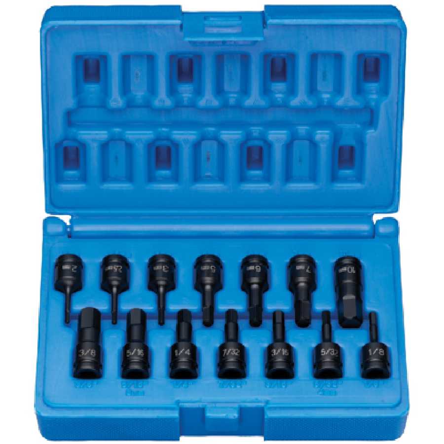 1/4'' Drive Fractional & Metric Hex Driver Set - 14-Pc