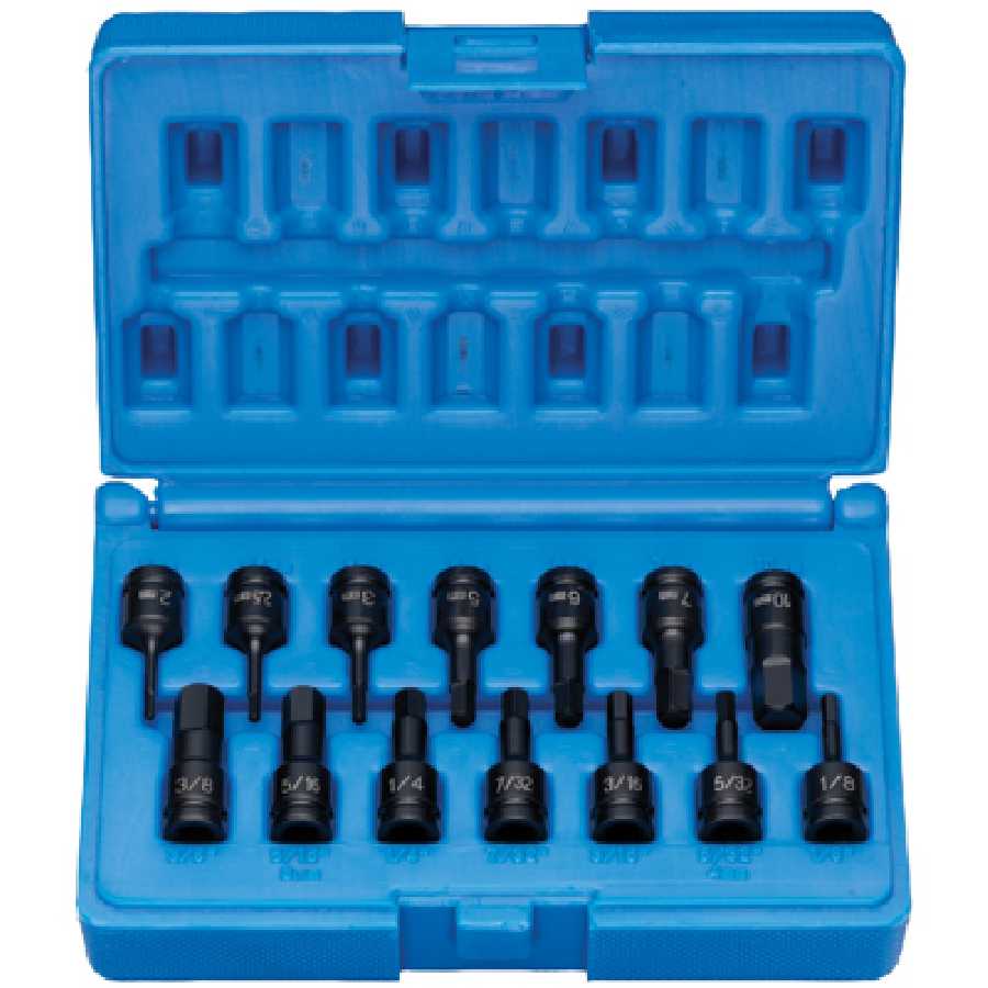 1/4'' Drive Fractional & Metric Hex Driver Set - 14-Pc