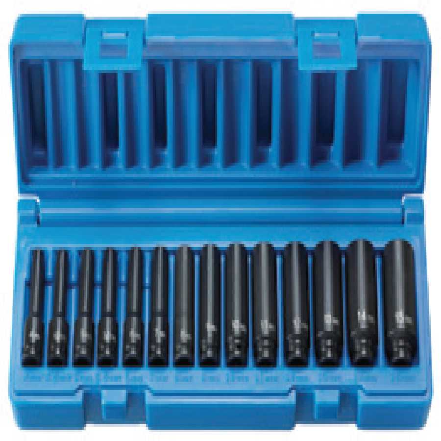 1/4 In Dr 6 Pt Deep Metric Impact Socket Set - 14-Pc