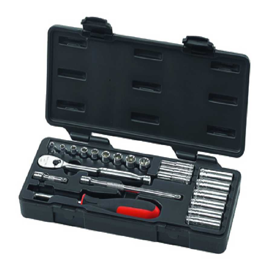 22 Pc. SAE 6 &12 Pt. Standard & Deep Socket Set 1/4\" DRIVE