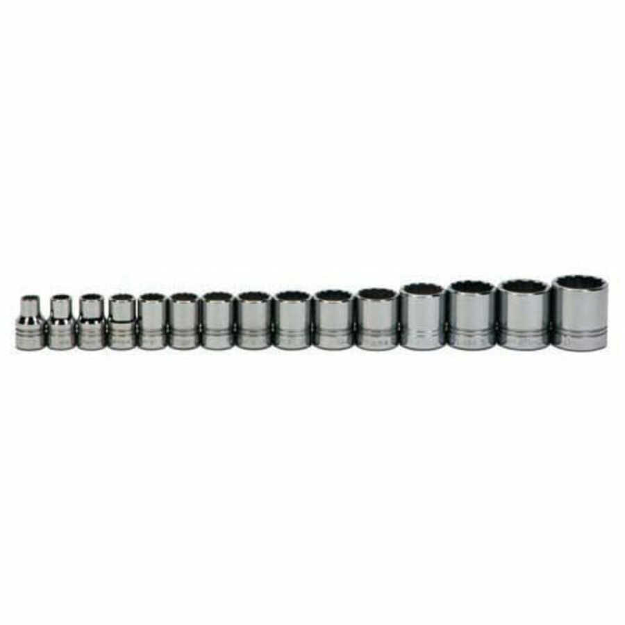 15 pc 1/2" Drive 12-Point SAE Shallow Socket Set on Rail and Cli