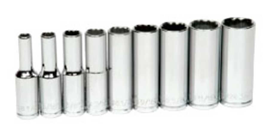 9 Piece 3/8" Drive Deep 12 Point SAE Socket Set on Clip Rail